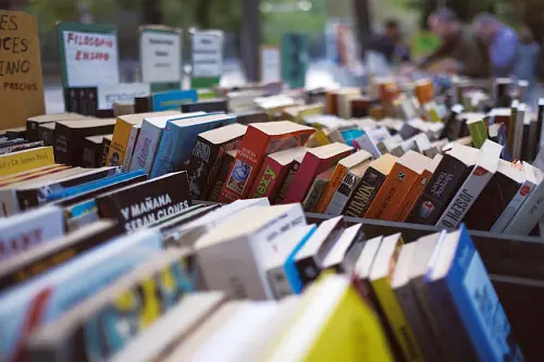 Boxes of books for sale.